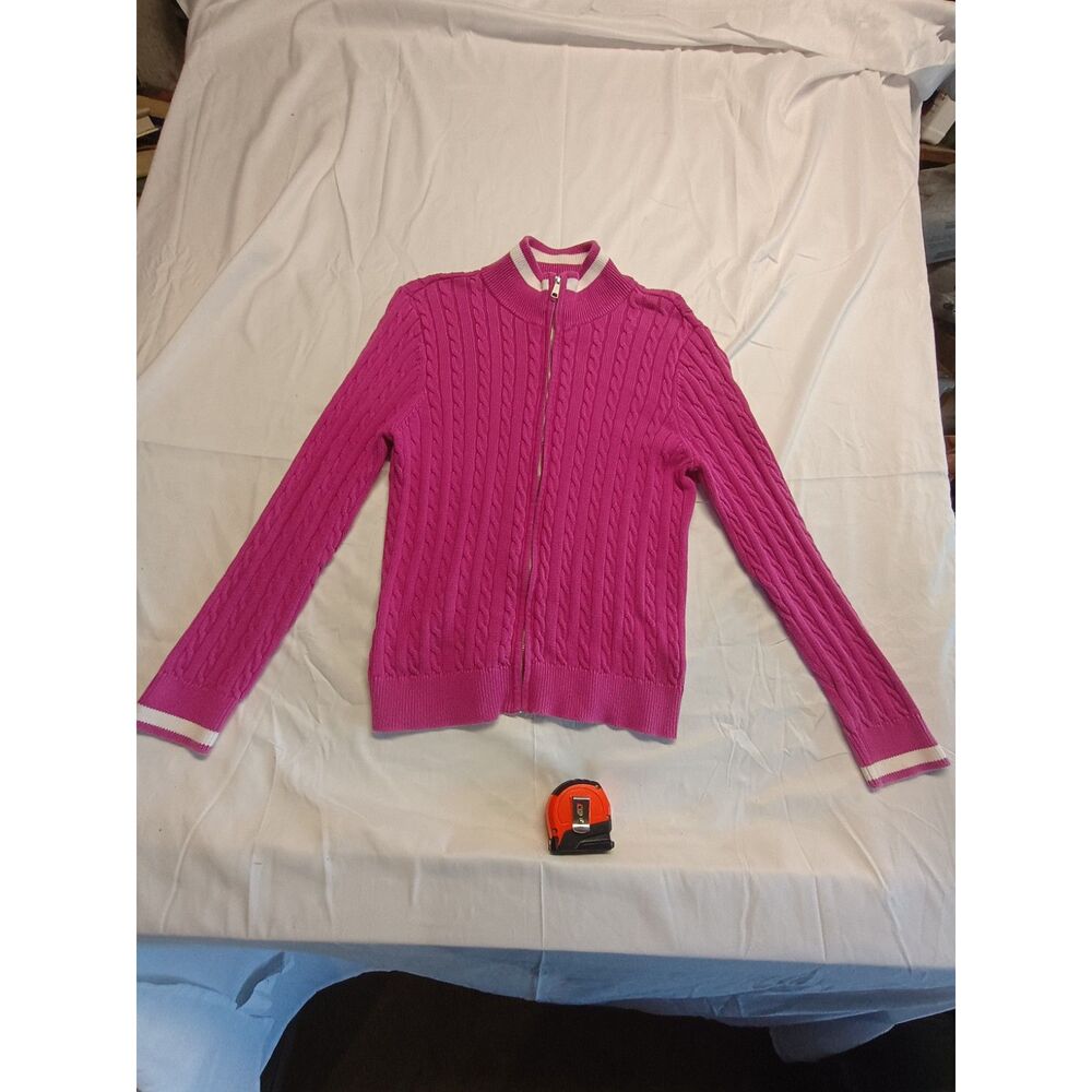 Foxcroft Women's XL Pink Cable Knit Full Zip Sweater Cardigan Mock Neck